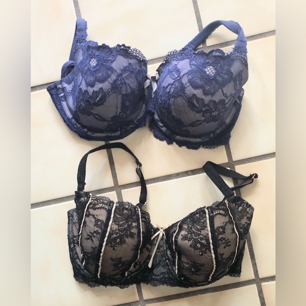 Elegant Lace Underwire Bra Set - Black and Blue